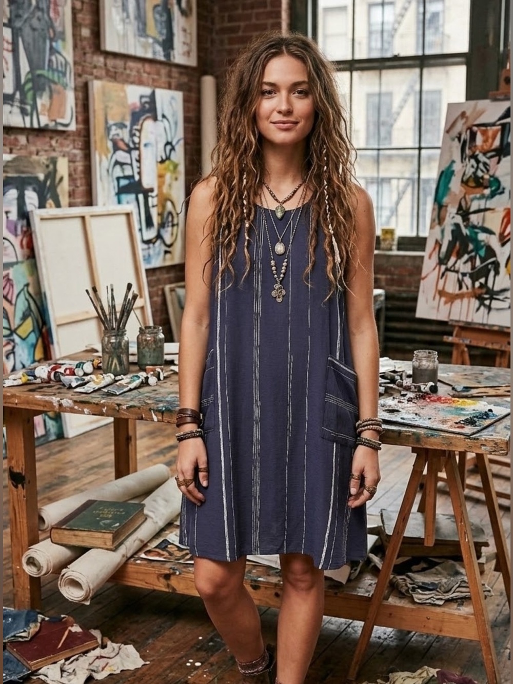 Sleeveless Navy Midi Dress with Pockets - Relaxed A-Line